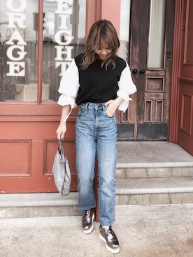 「ハイウエストデニム」｜まちゃさん（レディース・157cm）の秋コーディネート