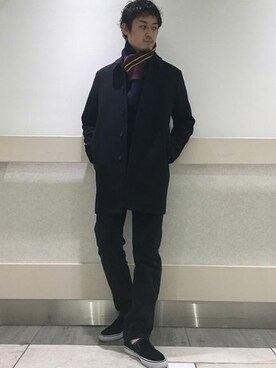 「メルトン」｜「アイテム（ステンカラーコート）」を使った、松下 和貴さん（メンズ・177cm）の冬コーディネート