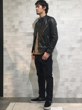 「JOURNAL STANDARD（ジャーナルスタンダード）のアイテム（ライダースジャケット）」を使った、松下 和貴さん（メンズ・177cm）の冬コーディネート