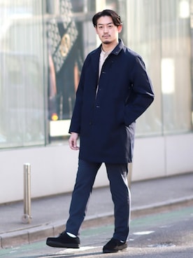 「JOURNAL STANDARD（ジャーナルスタンダード）のアイテム（ステンカラーコート）」を使った、松下 和貴さん（メンズ・177cm）の春コーディネート