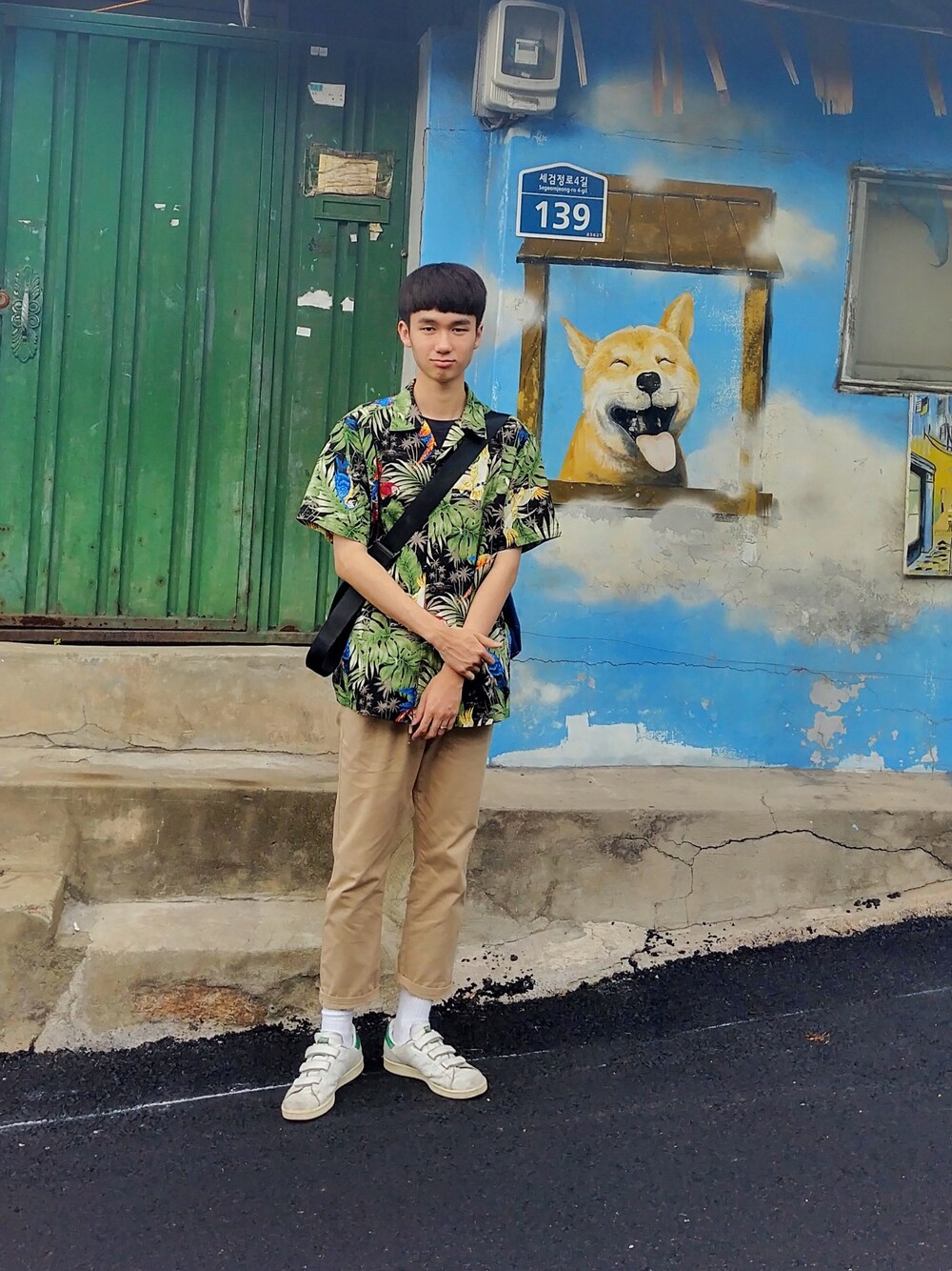 「Hawaiian、WALLART」｜「adidasのadidas stan smith（スニーカー、ホワイト系）」を使った、chaioonさん（メンズ・178cm）の夏コーディネートの1枚目の写真