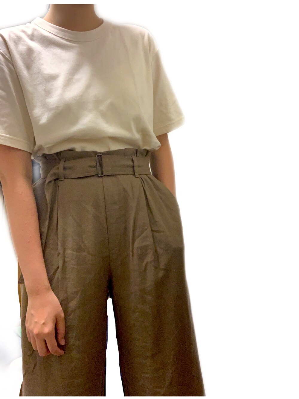 ベージュ系のTシャツ/カットソー、ブラウン系のその他パンツを着用したレディースの春コーディネートの1枚目の写真