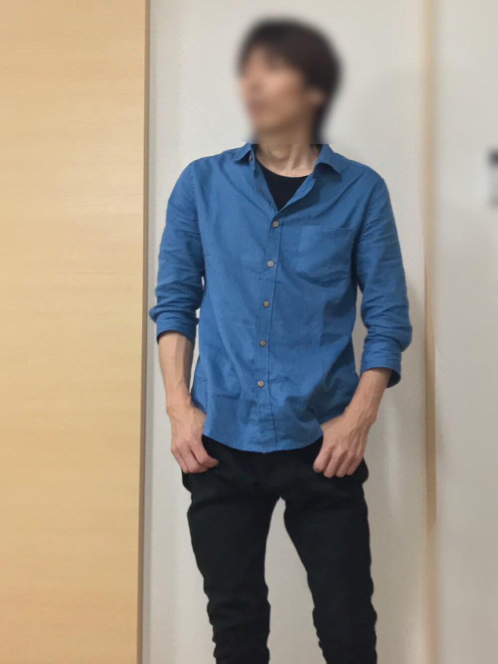 「休日スタイル、夏、シャツスタイル、おとなコーデ、ブルー×ブラック、ブルーコーデ、ブラック、ブラックコーデ、広島」｜「improvesのパナマ織り七分袖コットンシャツ（シャツ/ブラウス、ブルー系）」を使った、sprayさん（メンズ・169cm）の夏コーディネートの1枚目の写真