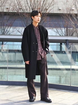 「tk.TAKEO KIKUCHI（ティーケータケオキクチ）のアイテム（ノーカラーコート）」を使った、kitauraさん（メンズ・172cm）の冬コーディネート
