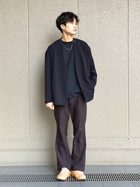 「tk.TAKEO KIKUCHI（ティーケータケオキクチ）のアイテム（ノーカラージャケット）」を使った、kitauraさん（メンズ・172cm）の冬コーディネート
