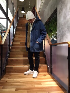 「muta（ムータ）のアイテム（帽子）」を使った、Koutaro Makitaさん（メンズ・170cm）の冬コーディネート