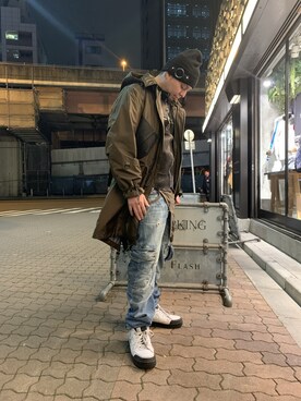 「ROYAL FLASH（ロイヤルフラッシュ）のアイテム（ニットキャップ/ビーニー）」を使った、Koutaro Makitaさん（メンズ・168cm）の冬コーディネート