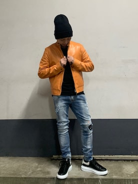 「アイテム（ライダースジャケット、オレンジ系）」を使った、Koutaro Makitaさん（メンズ・168cm）の秋コーディネート