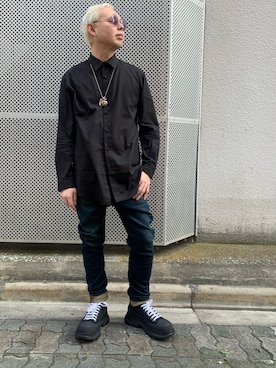 「ISAMU KATAYAMA BACKLASH（イサムカタヤマバックラッシュ）のアイテム（シャツ/ブラウス）」を使った、Koutaro Makitaさん（メンズ・168cm）の冬コーディネート