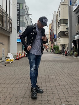 「ISAMU KATAYAMA BACKLASH（イサムカタヤマバックラッシュ）のアイテム（ライダースジャケット）」を使った、Koutaro Makitaさん（メンズ・168cm）の冬コーディネート