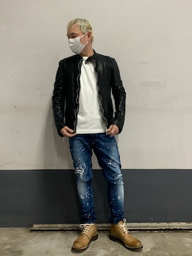 「ISAMU KATAYAMA BACKLASH（イサムカタヤマバックラッシュ）のアイテム（ライダースジャケット）」を使った、Koutaro Makitaさん（メンズ・168cm）の冬コーディネート