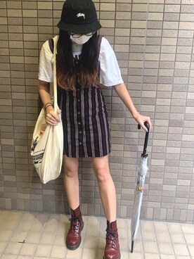「STUSSY（ステューシー）のStock Bucket Hat（ハット、ブラック系）」を使った、Kurumi🦔さん（レディース・160cm）の春コーディネート