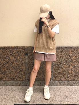 「Guess（ゲス）のアイテム（キャップ）」を使った、Kurumi🦔さん（レディース・160cm）の春コーディネート