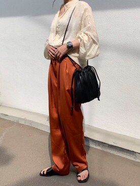 「CORNERS（コーナーズ）のヴィンテージサテンリラックスパンツ（その他パンツ）」を使った、kuririnさん（レディース・159cm）の夏コーディネート