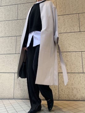 「コラボ」｜「アイテム（ノーカラーコート）」を使った、kuririnさん（レディース・159cm）の冬コーディネート