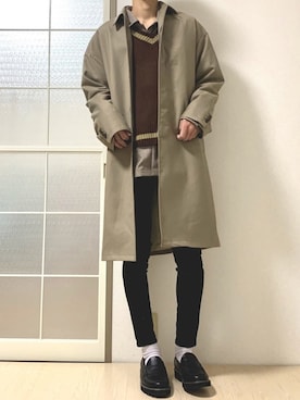 「adrer」｜「アイテム（ステンカラーコート）」を使った、みなづきさん（メンズ・175cm）の春コーディネート