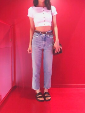 「MOUSSY（マウジー）のMV JW Tapered（デニムパンツ）」を使った、makiさん（レディース・170cm）の夏コーディネート