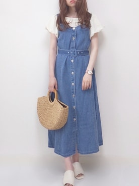 「Honeys（ハニーズ）のアイテム（かごバッグ）」を使った、yume さん（レディース・160cm）の夏コーディネート