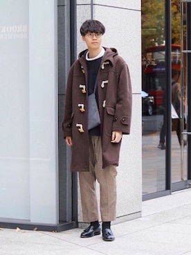 「アイテム（ダッフルコート、ブラウン系）」を使った、Ryuさん（メンズ・183cm）の冬コーディネート