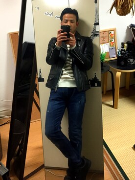 「JACKROSE（ジャックローズ）のアイテム（ライダースジャケット、ブラック系）」を使った、koujiさん（メンズ）の冬コーディネート