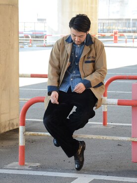 「schott（ショット）のアイテム（ステンカラーコート）」を使った、sugaさん（メンズ・177cm）の冬コーディネート