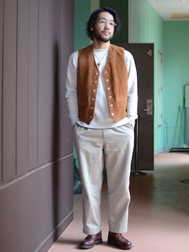 「アイテム（ベスト、イエロー系）」を使った、sugaさん（メンズ・177cm）の冬コーディネート