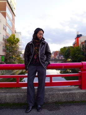 「スタッフセンバツ」｜「アイテム（ライダースジャケット）」を使った、sugaさん（メンズ・177cm）の冬コーディネート