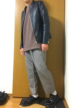 「グレンチェック」｜「アイテム（ライダースジャケット）」を使った、KeNさん（メンズ・174cm）の秋コーディネート