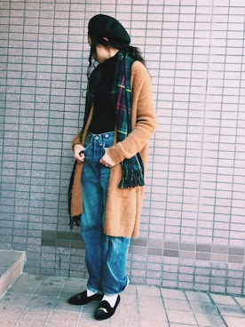 「モヘアカーディガン」｜「アイテム（ハンチング/ベレー帽）」を使った、Shiho.Cさん（レディース・154cm）の冬コーディネート