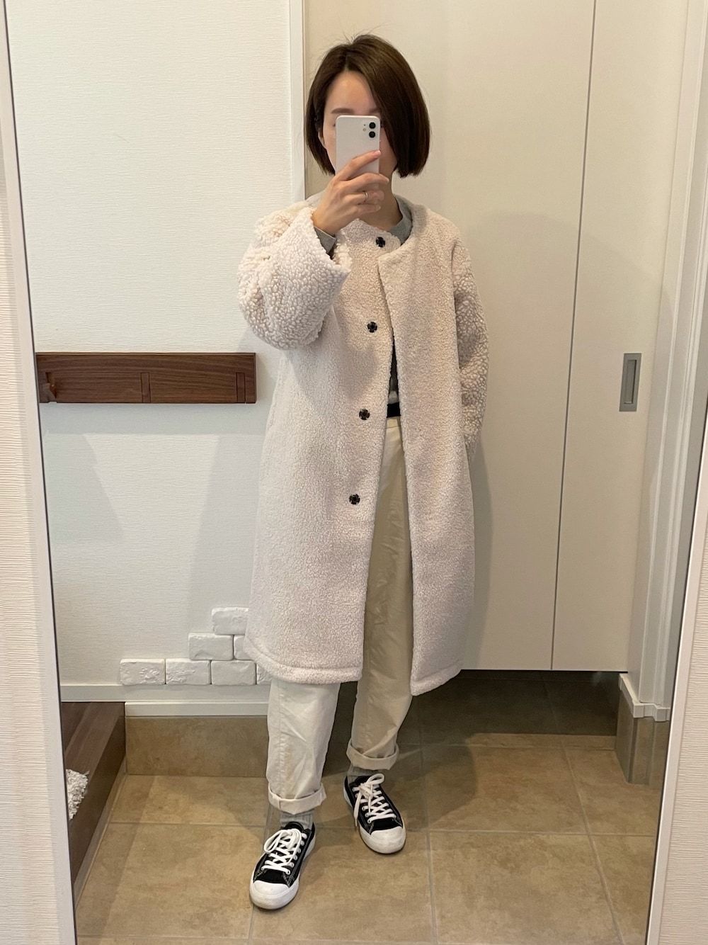 「ホワイト、ホワイトコーデ、オールホワイト、UNIQLO、ボア、低身長、低身長コーデ」｜「UNIQLOのアイテム（ジャケット/アウター、ホワイト系）」を使った、𝑀さん（レディース・150cm）の冬コーディネートの1枚目の写真