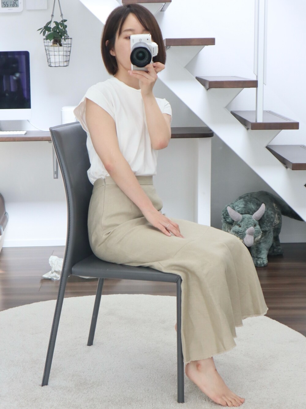 「今日のコーデ、マーメイドスカート、低身長、ベージュ、ベージュコーデ、淡色コーデ」｜「MACPHEEのソフトコットン フレンチスリーブプルオーバー（Tシャツ/カットソー、ホワイト系）」を使った、𝑀さん（レディース・150cm）の春コーディネートの1枚目の写真