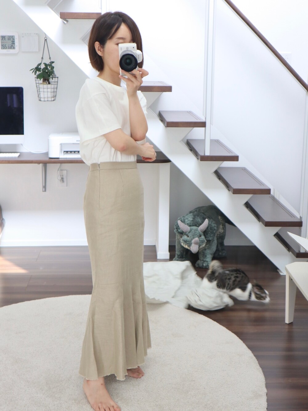 「春夏コーデ、マーメイドスカート、低身長、低身長コーデ、ベージュ、ベージュコーデ、淡色コーデ」｜「B:MING by BEAMSのB:MING by BEAMS / リネン マーメイドスカート 21SS（スカート、ベージュ系）」を使った、𝑀さん（レディース・150cm）の春コーディネートの1枚目の写真