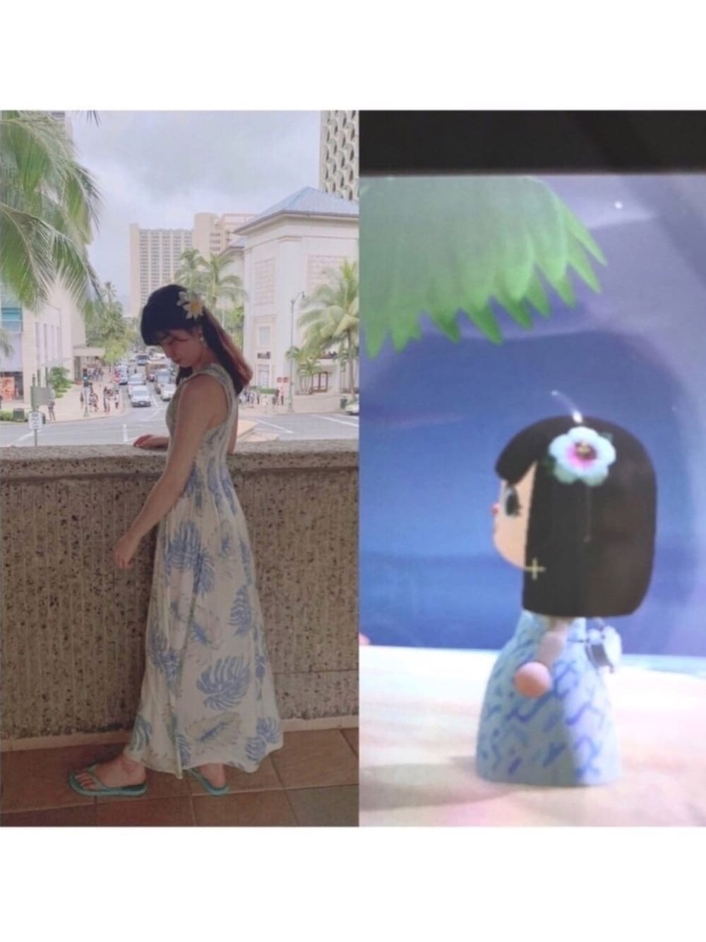 「あつまれどうぶつの森、AnimalCrossing、柄ワンピース、マイデザイン、hawaii、ハワイ」｜「Hawaiiのアイテム（ワンピース/ドレス、ホワイト系）」を使った、🍅さん（レディース・166cm）の夏コーディネートの1枚目の写真