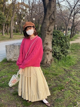 「ビーズバッグ」｜「アイテム（ハンチング/ベレー帽）」を使った、yuuyuukさん（レディース・147cm）の春コーディネート