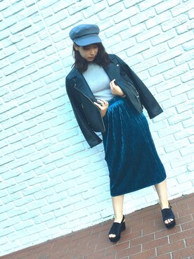 「ベロアスカート」｜「アイテム（ライダースジャケット）」を使った、あいひょん♡さん（レディース・162cm）の秋コーディネート