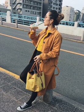 「イエローコーデ」｜「アイテム（ステンカラーコート）」を使った、911ERIKAさん（レディース・157cm）の冬コーディネート