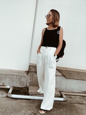 「reca（レカ）のウエストリボン リネンワイドパンツ（その他パンツ）」を使った、911ERIKAさん（レディース・157cm）の夏コーディネート