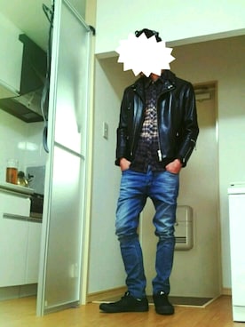 「666」｜「アイテム（ライダースジャケット）」を使った、shinzoさん（メンズ・175cm）の冬コーディネート