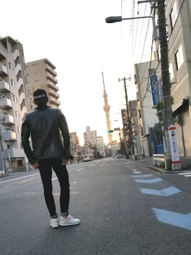 「アイテム（ライダースジャケット）」を使った、shinzoさん（メンズ・175cm・40代）の冬コーディネート