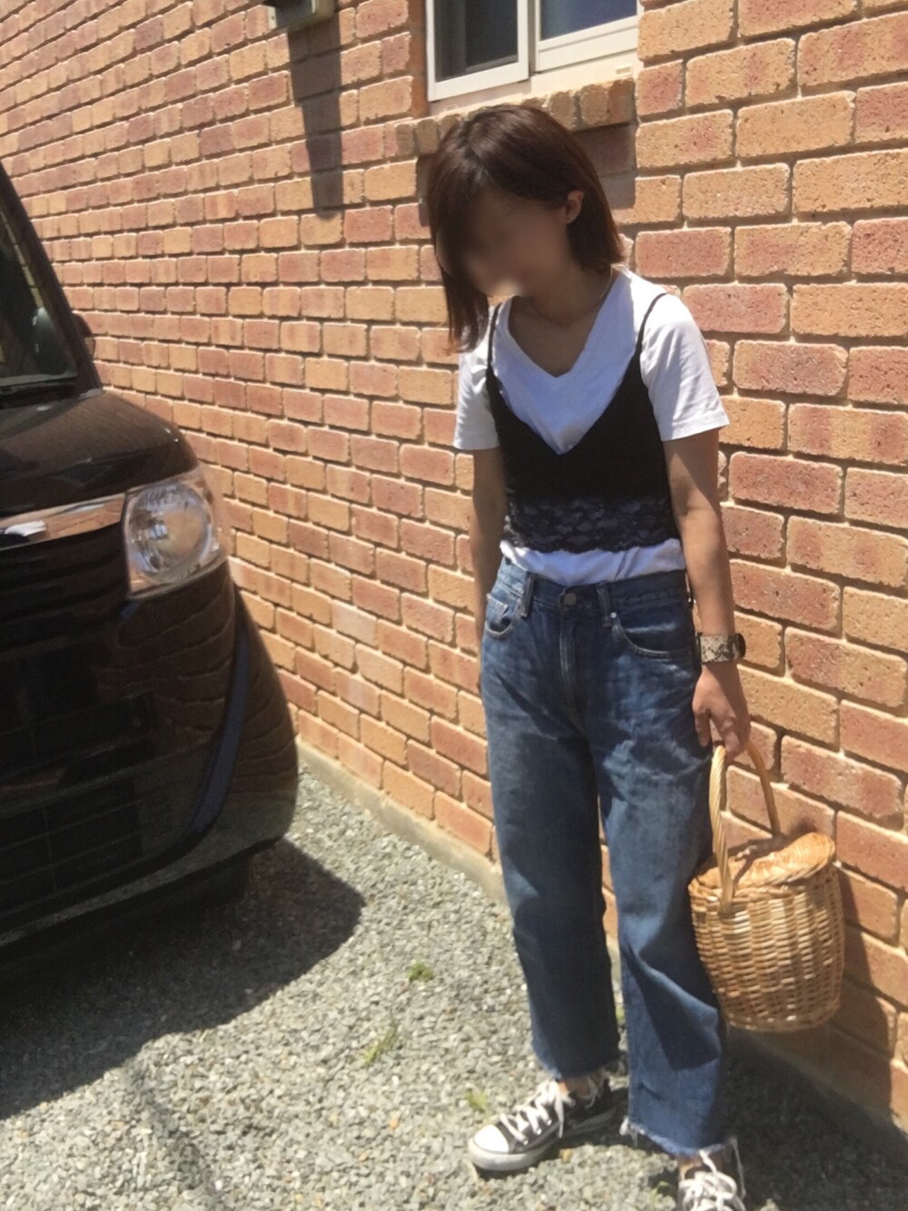 「レースビスチェ、かごバッグ、チビーズ✳︎、ママコーデ、プチプラ」｜「TODAYFULのレザーベルトブレスレット（ブレスレット、ブラウン系）」を使った、むち◡̈*✧さん（レディース・151cm）の夏コーディネートの1枚目の写真