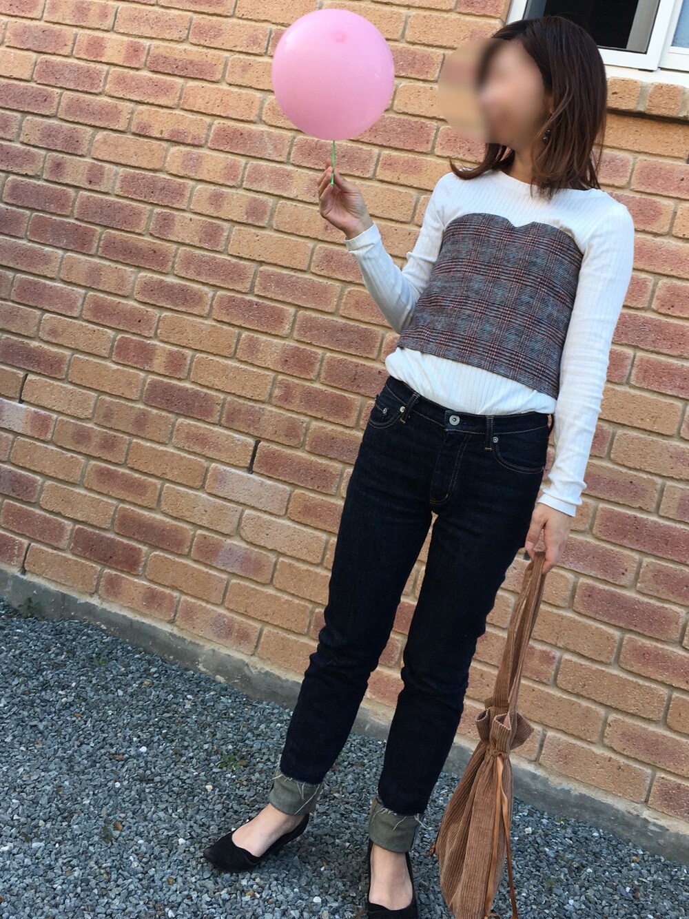 「ママコーデ、プチプラ、チビーズ✳︎、グレンチェック、ビスチェ、デニム、コーデュロイ」｜「TODAYFULのCECIL'sデニム（デニムパンツ、ブルー系）」を使った、むち◡̈*✧さん（レディース・151cm）の秋コーディネートの1枚目の写真