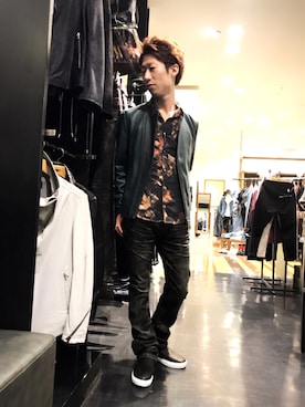 「アイテム（ライダースジャケット、グリーン系）」を使った、Nakataさん（メンズ・170cm）の夏コーディネート