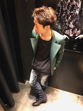 「アイテム（ライダースジャケット、グリーン系）」を使った、Nakataさん（メンズ・170cm）の冬コーディネート