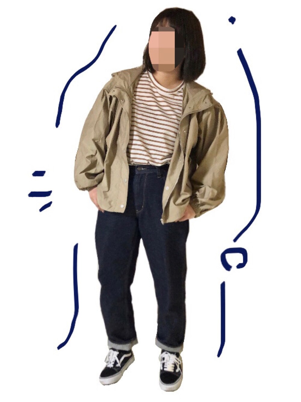 「カジュアルコーデ、マンパ、マウンテンパーカー、ベージュコーデ、デニム、ボーダー、プチプラコーデ」｜「DHOLICのボーダーボクシーフィットTシャツ（Tシャツ/カットソー、ブラウン系）」を使った、こーん。さん（レディース・166cm）の春コーディネートの1枚目の写真