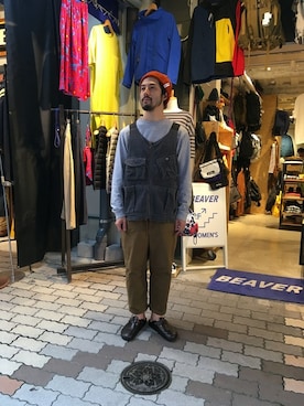 「MANASTASH（マナスタッシュ）のアイテム（帽子）」を使った、牛木さん（メンズ・165cm）の秋コーディネート