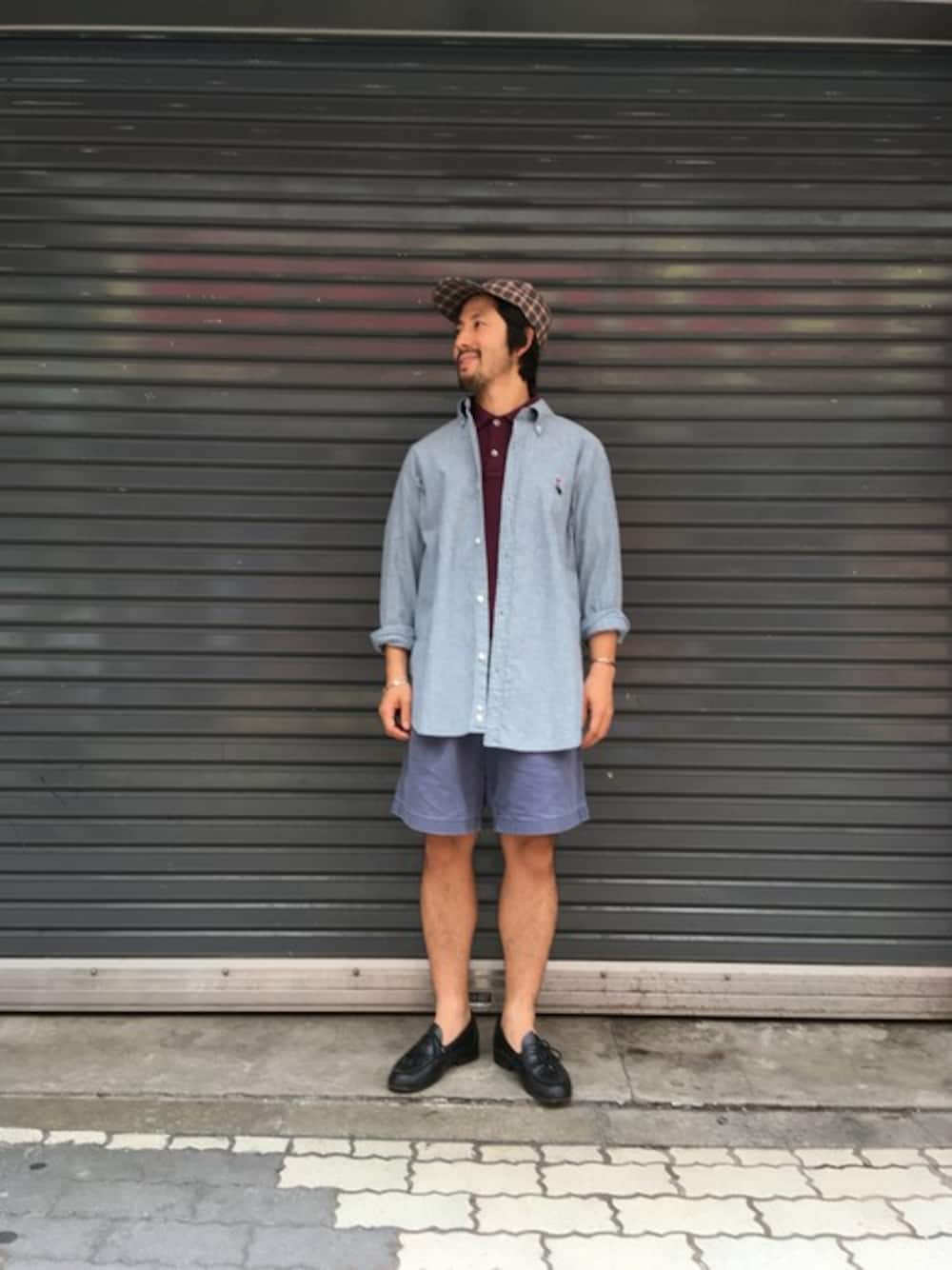 「プレッピー、ローファー、トラッド、ボヘミアンズ、ショーツ、ポロシャツ、シャツスタイル」｜「BOHEMIANSのBOHEMIANS/ボヘミアンズ　SOLID COL S/S POLO SHIRTS　ポロシャツ（ポロシャツ、レッド系）」を使った、牛木さん（メンズ・165cm）の夏コーディネートの1枚目の写真