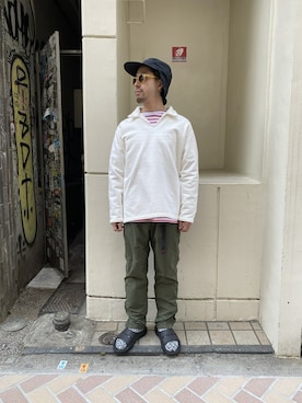 「BEAVER（ビーバー）のアイテム（キャップ）」を使った、牛木さん（メンズ・165cm）の春コーディネート