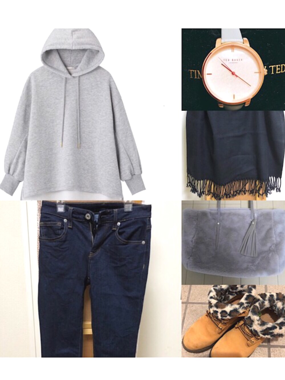 「GU、ted baker、シューラルー(SHOO・LA・RUE)、ティンバーランド(Timberland)、グレー、黒、パーカー、デニム、おしゃれさんと繋がりたい」｜「GUのアイテム（パーカー、グレー系）」を使った、涼菜さん（レディース・153cm）の冬コーディネートの1枚目の写真
