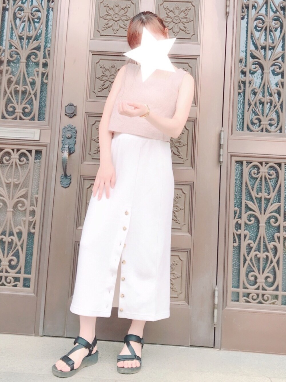 「mylife、ラクチンコーデ」｜「one after another NICE CLAUPのプリーツ重ねワッフルミディスカート（スカート、ホワイト系）」を使った、mikaさん（レディース・160cm）の夏コーディネートの1枚目の写真