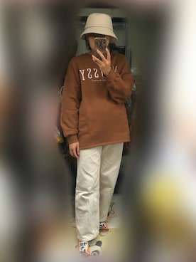 「SpRay（スプレイ）のエコレザーバケットハット（ハット、ホワイト系）」を使った、ふさん（レディース・170cm）の冬コーディネート